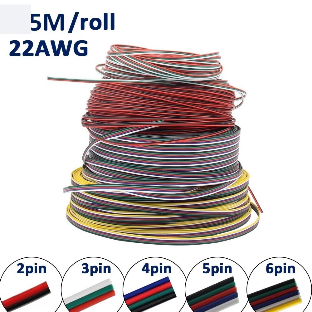 5M 22AWG สายไฟ 2Pin 3Pin 4Pin 5Pin 6Pin สายไฟสําหรับ RGB RGBCCT CCT 2835 5050 LED Strip ทองแดงดีบุกสายไฟ