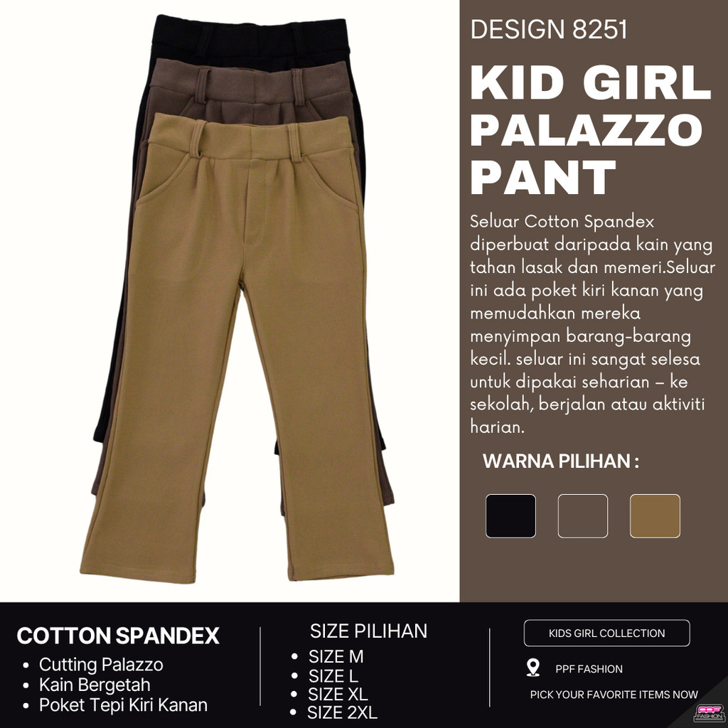 PPF 8251 4Y-15Y เด็กผู้หญิง Palazzo กางเกง Bootcut กางเกง Slack ชายหญิงกางเกงยางยาว Slack เด็ก