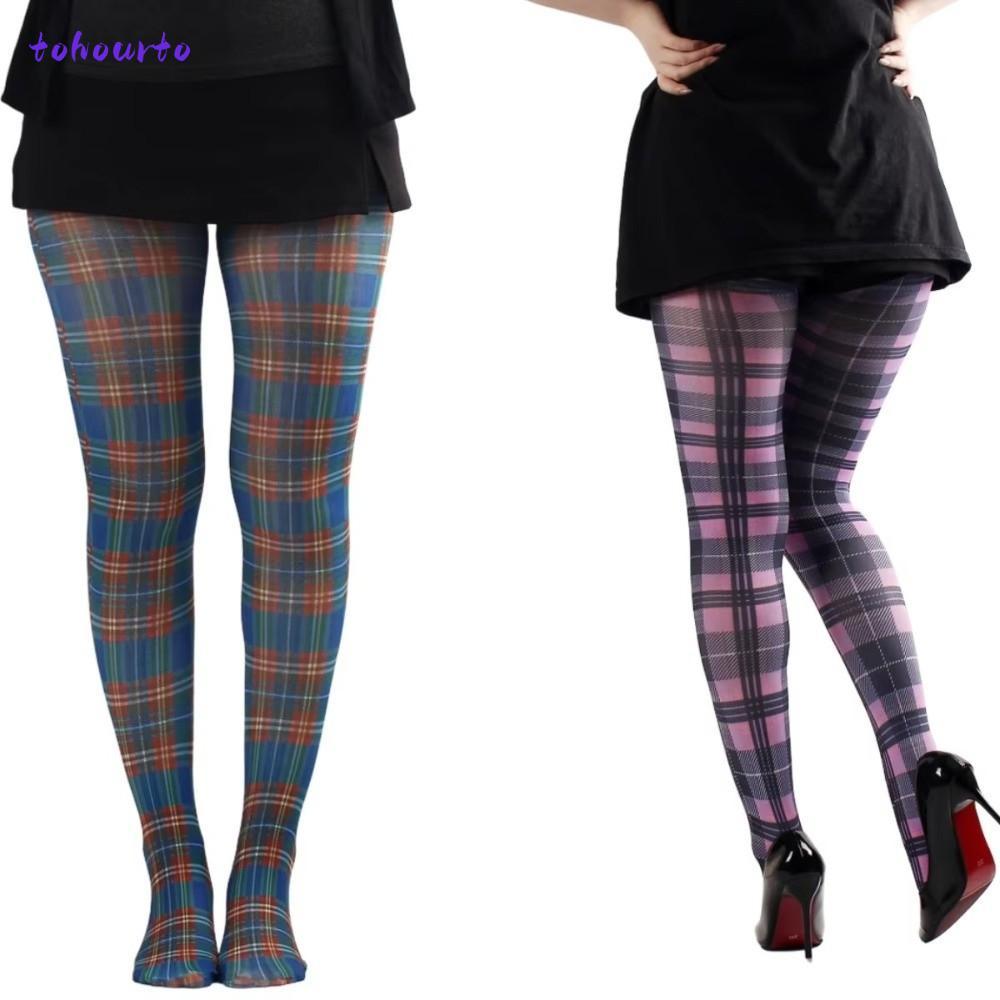 TOHOURTO ถุงน่องสตรี, สีแดงสีม่วงสีฟ้า Semi-Opaque พิมพ์ Tights, สก็อตลายตารางคลาสสิก Tartan High Pa