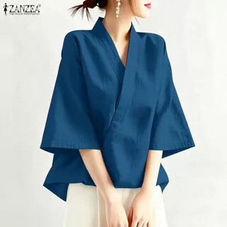 ZANZEA ซานเซีย ผู้หญิงแฟชั่นเกาหลีครอสโอเวอร์คอวีสามไตรมาสแขนเสื้อกิโมโนจีนสมัยใหม่