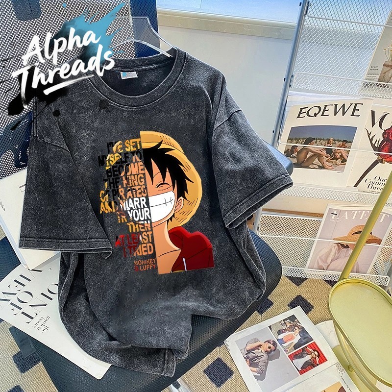 (จัดส่งตลอด 24 ชั่วโมง)เสื้อยืด oversize 'One Piece' แขนสั้น cotton 100% t shirt แฟชั่น วินเทจ แนวสตรีท เสื้อฟอก สีดำ