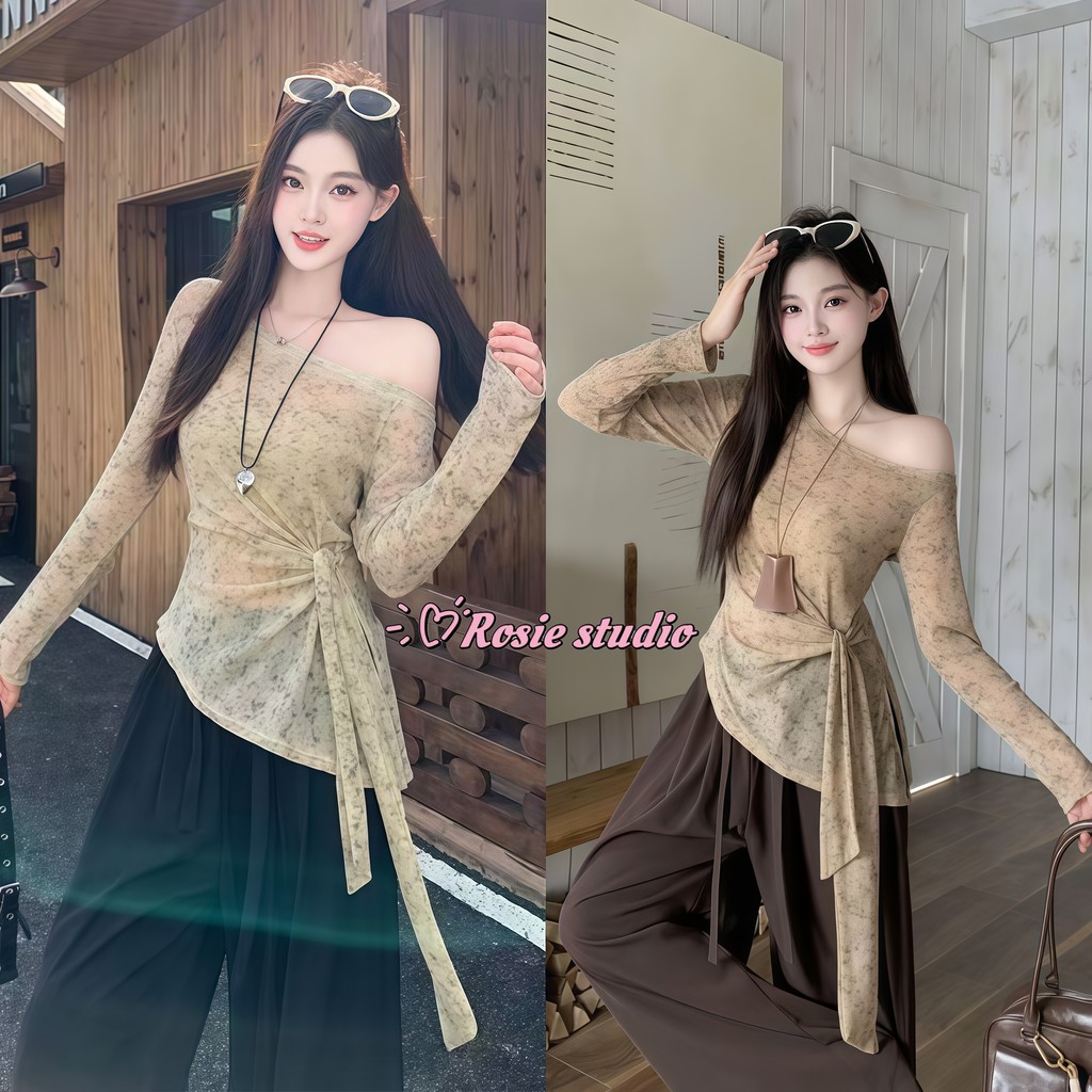 Rosie🧀พร้อมส่ง🍤เสื้อครอปผู้หญิง เสื้อปาดไหล่แขนยาว สีมัดยอม ดีไซน์มีเซือกผูกเอว ทรงยาวทรงรัดรูปร้อนเซ็กซี่สไตล์ย้อนยุค