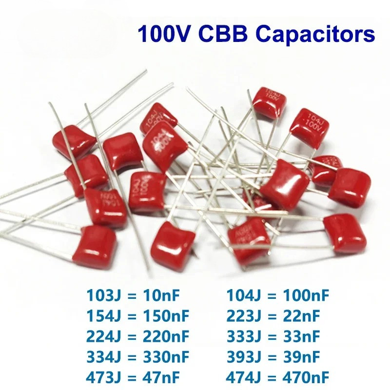 20pcs CBB ตัวเก็บประจุฟิล์มโพรพิลีน 10nf-470nf 100v CBB ตัวเก็บประจุชุด 10NF 22NF 47NF 100NF 220NF 4