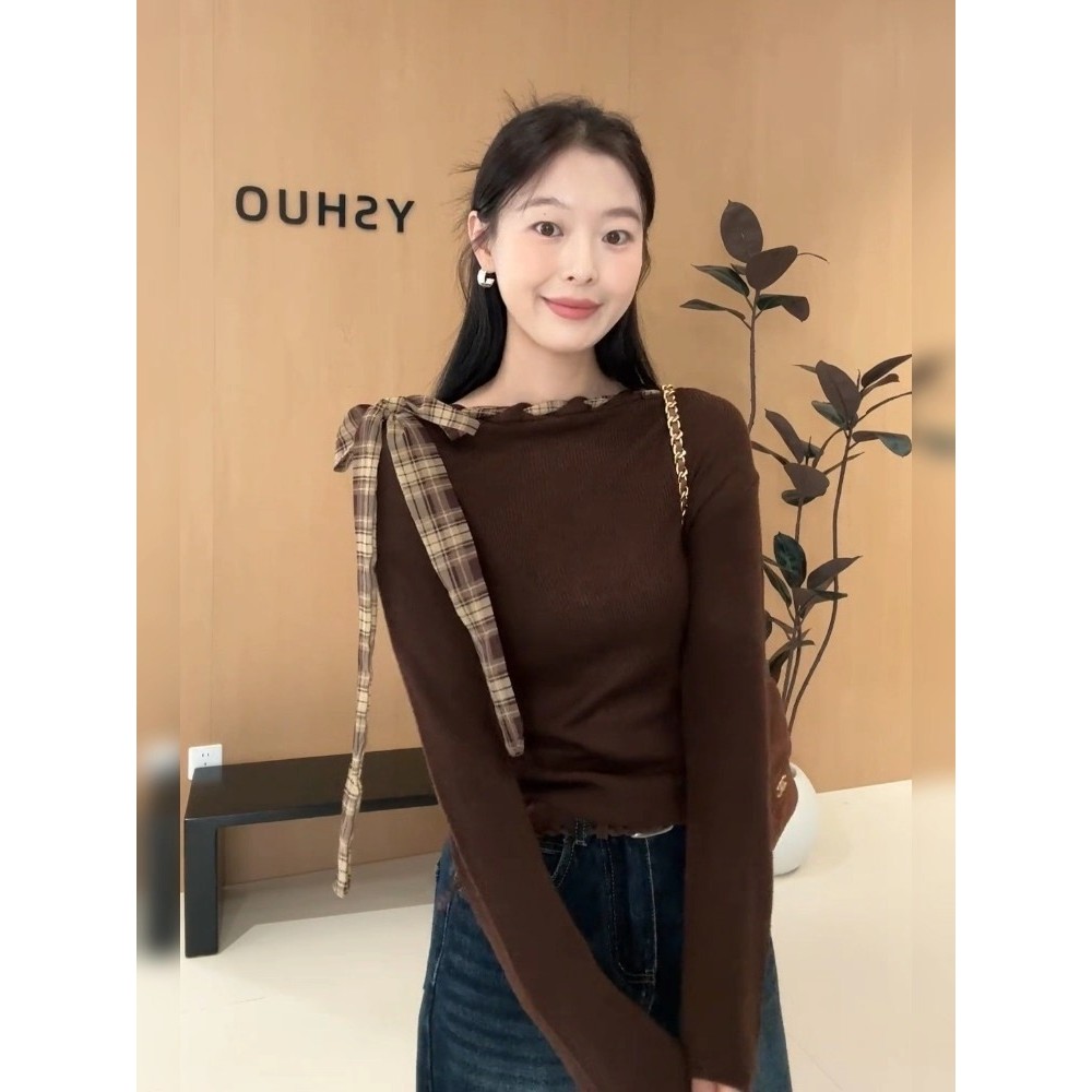 ไม่สมมาตรคอปิดไหล่ผูกโบว์แขนยาวถักเสื้อกันหนาวฤดูใบไม้ร่วงด้านบน