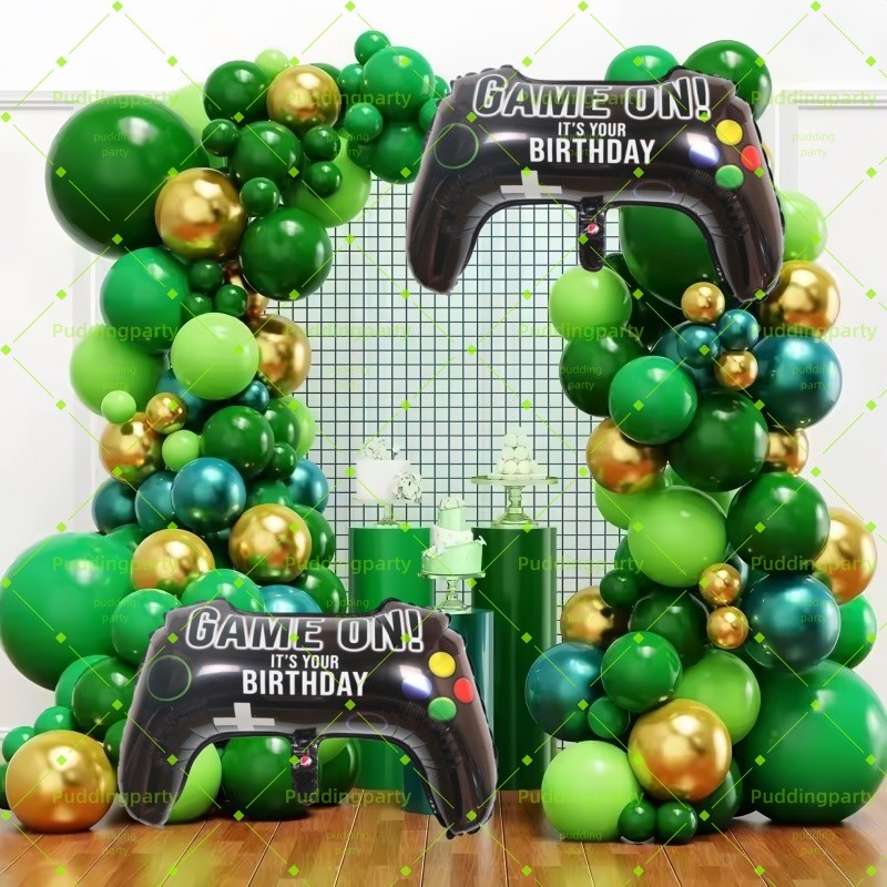 Minecraft Themed Balloon Garland Set สีเขียวและสีดําวิดีโอเกมฟอยล์บอลลูน Baby Shower Party Needs