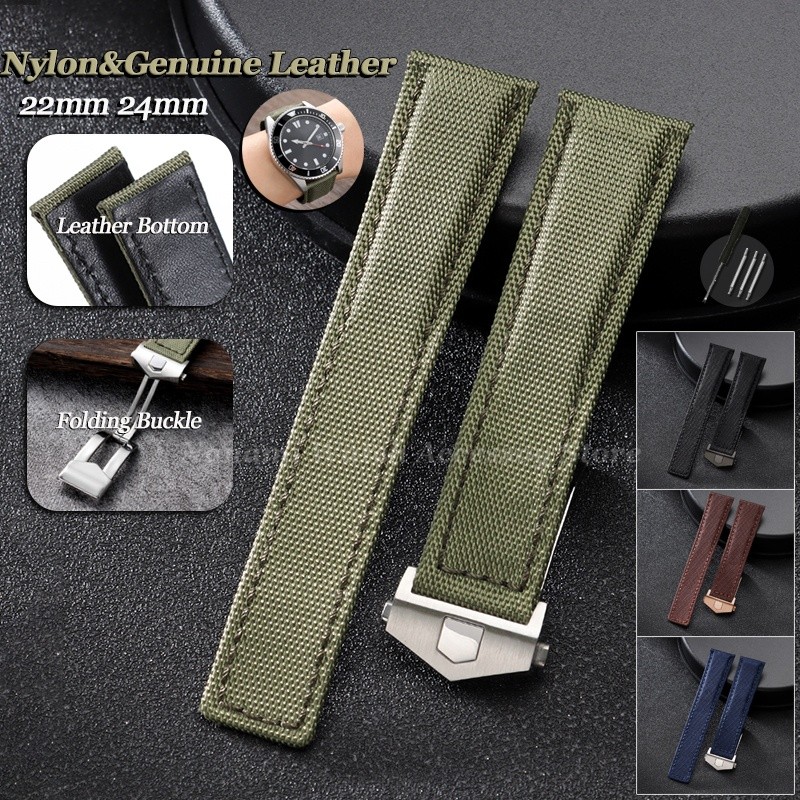 TAG HEUER พรีเมี่ยมไนลอนสายนาฬิกาหนังแท้ 22 มม.24 มม.สําหรับแท็ก Heuer ผ้าใบ Cowhide นาฬิกาพับหัวเข็