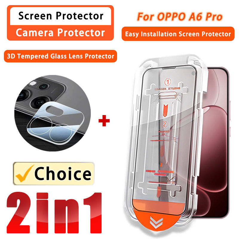 2 IN 1 ฟิล์ม OPPO A6 Pro HD ฟิล์มกระจกนิรภัยสําหรับ OPPO A6 Pro Max Plus GT A6i A5 A5i A3 Pro A5x A5m A3x A3i 5G 4G 3D ฟิล์มป้องกันเลนส์กล้อง & ป้องกันหน้าจอ ติดตั้งง่าย กล่องมายากล