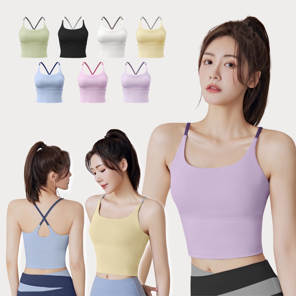 💗New Color💗เสื้อโยคะ ฟิสเนต เสื้อสปอร์ตบราสายเดี่ยวออกกำลังกาย แต่งสายไขว้เว้าหลัง รัดรูปสวย ยืดหยุ่นได้สี