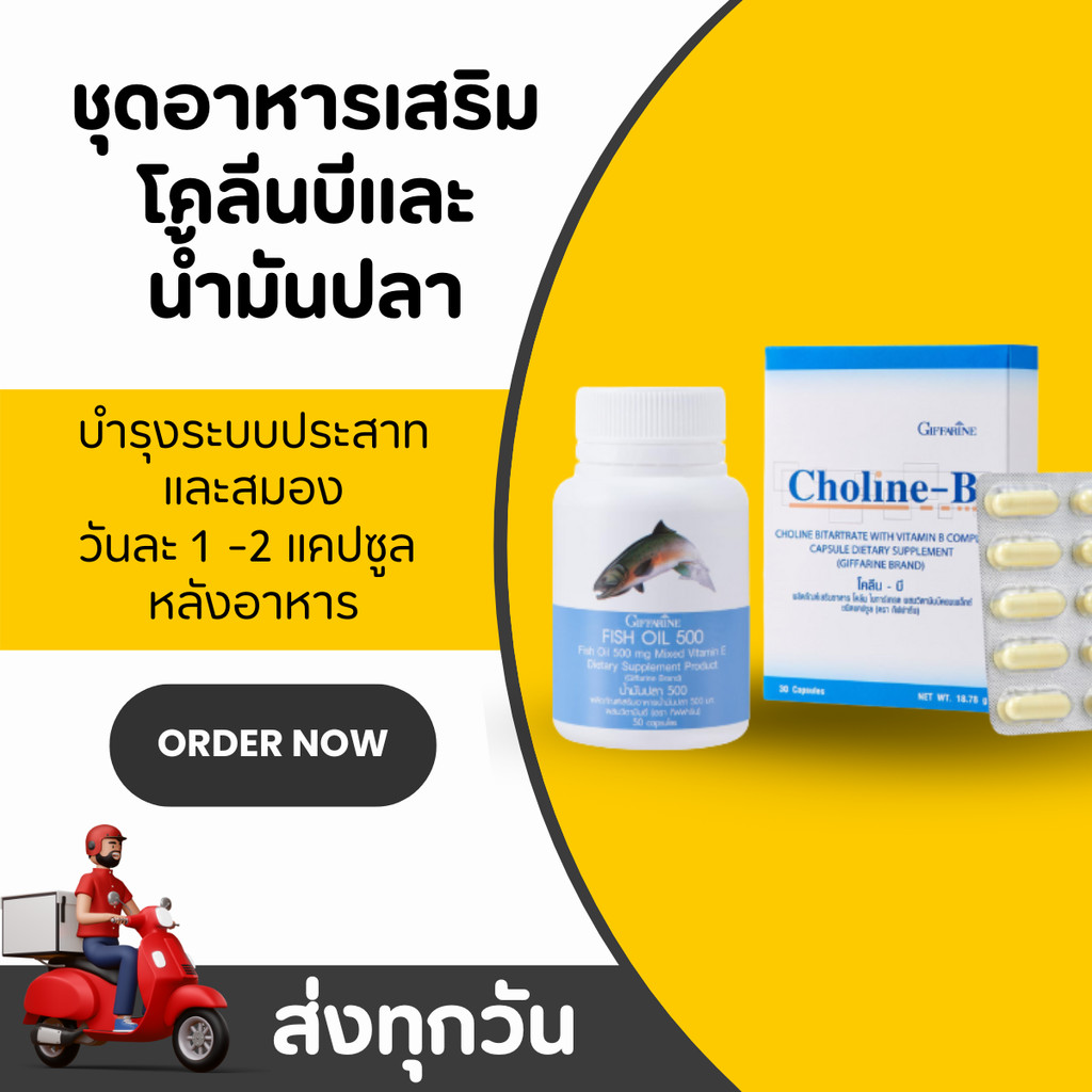 ชุดอาหารเสริมบำรุงสมอง GIFFARINE Fish Oil 500 mg & Choline-B เสริมความจำ บำรุงประสาทและสมอง
