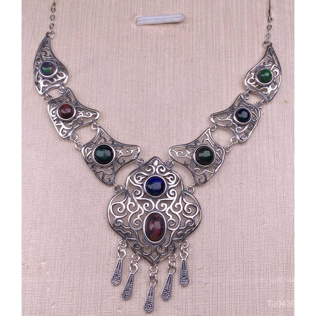 สร้อยคออัญญ.ops; ฝังหินโอปอลสีดำ สไตล์ย้อนยุคชาติพันธุ์ สร้อยคอเงินSterling Silver 925 สำหรับผู้หญิง