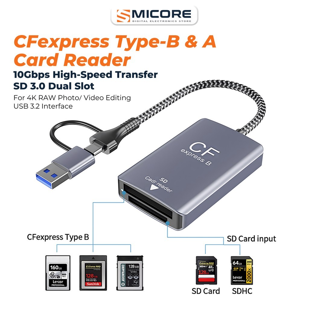 เครื่องอ่านการ์ด CFexpress Type-B/A + SD 3.0 USB3.2 10Gbps รองรับ 4K/8K RAW สำหรับกล้อง Nikon Canon 