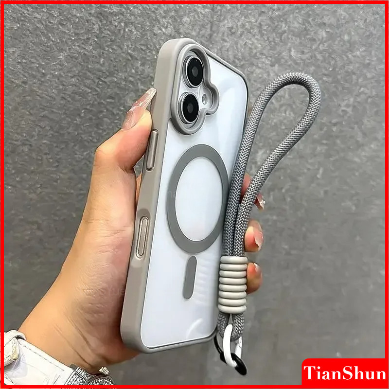 เคสใสแบบแมทหรูพร้อมสายคล้อง สำหรับเคสชาร์จไร้สายแม่เหล็ก รองรับ iPhone 11 12 13 14 15 16 17 Pro Max AIR X XR XS Max 7 8 Plus ทำจากซิลิโคนอ่อน ทนแรงกระแทก โปร่งใส มีสายรัดข้อมือ ปกป้องด้านหลังโทรศัพท์ – โปรปัง