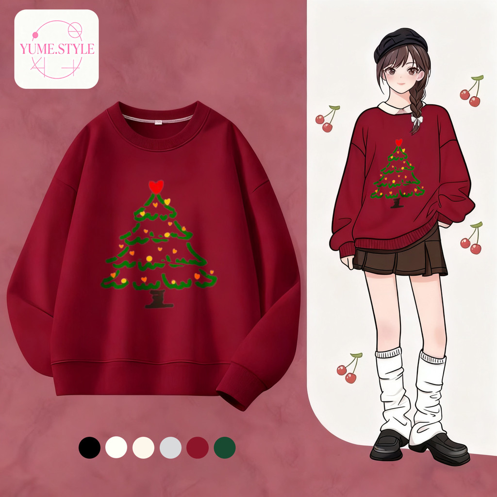 YUME เสื้อกันหนาวแขนยาว เสื้อยืดคอกลมพิมพ์ลาย ทรงหลวม แฟชั่นคลาสสิก สะดวกสบาย ลาย “Christmas tree2” ส่งเร็ว⚡COD
