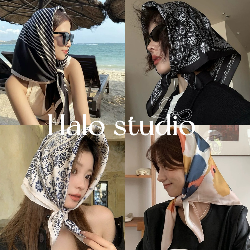 Halo Studio มีสินค้า 🔥 ผ้าพันคอสี่เหลี่ยมผ้าชีฟองซาตินสไตล์เกาหลี [70x70 ซม.] ใช้คลุมศีรษะหรือผูกเป็นผ้าพันคอได้