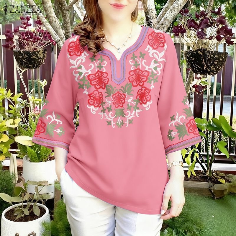 ZANZEA เสื้อเบลาส์คอกวี แขน 3/4 พิมพ์ลาย flora สำหรับผู้หญิง สไตล์เกาหลี ทรงหลวม ราคา ถูกที่สุด ดีลบีเคเค แกลเลอรีภาพที่ 6