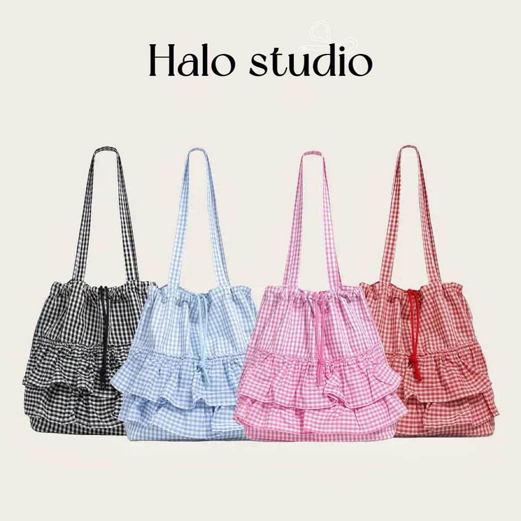 Halo studio พร้อมส่ง🔥กระเป๋าผ้าใบหูรูดสไตล์นักเรียนน่ารักพร้อมสายสะพายข้าง ความจุขนาดใหญ่