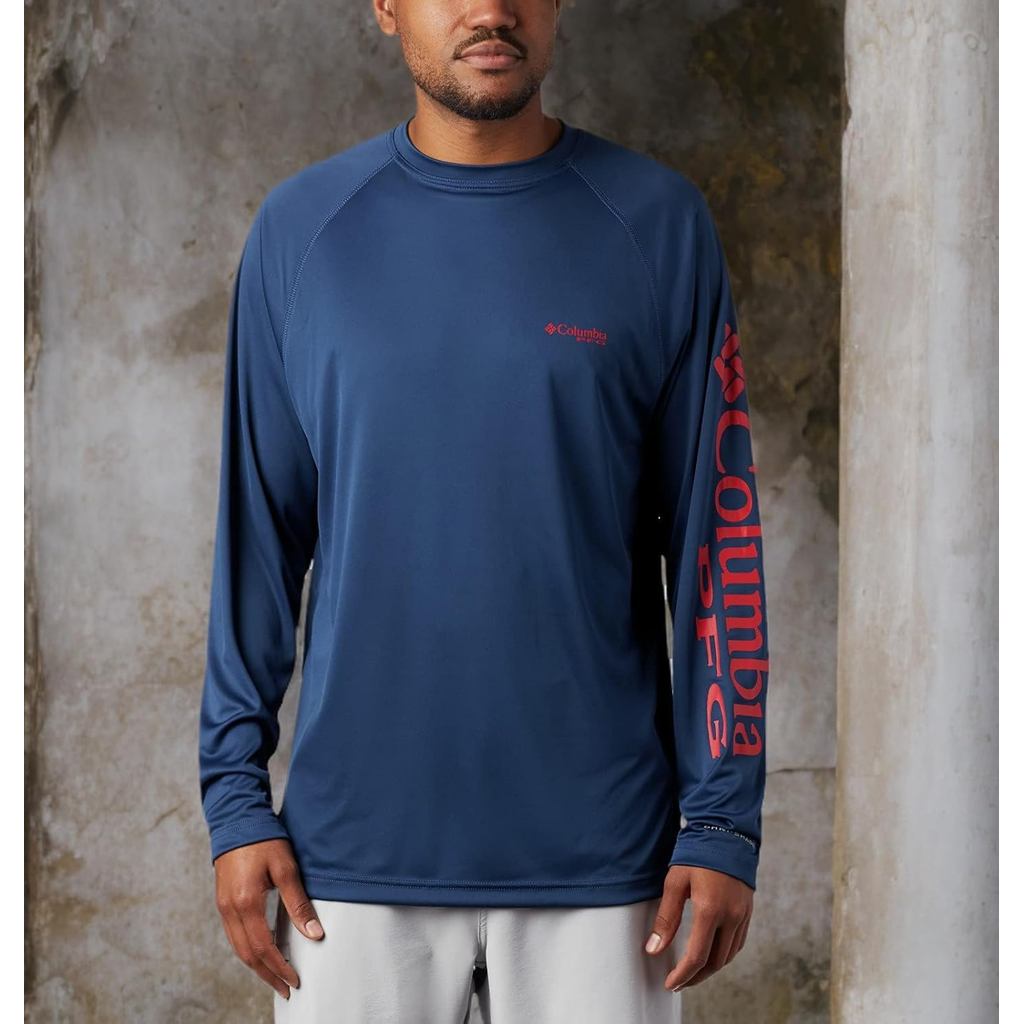 เสื้อเชิ้ตแขนยาว Columbia สำหรับผู้ชาย ทำจากผ้าฝ้ายพรีเมียม 100% สไตล์ทรงหลวม มาพร้อมลายพิมพ์ตัวอักษร