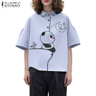 ZANZEA เสื้อเชิ้ตพิมพ์ลายครึ่งแขน สไตล์เกาหลี