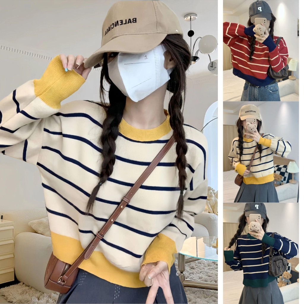 Koko เสื้อสเวตเตอร์ถักลายทางสีบล็อกย้อนยุคสำหรับผู้หญิง เสื้อสเวตเตอร์แขนยาวคอกลม ดีไซน์ต่อที่ปลายแขนและชายเสื้อ 1109