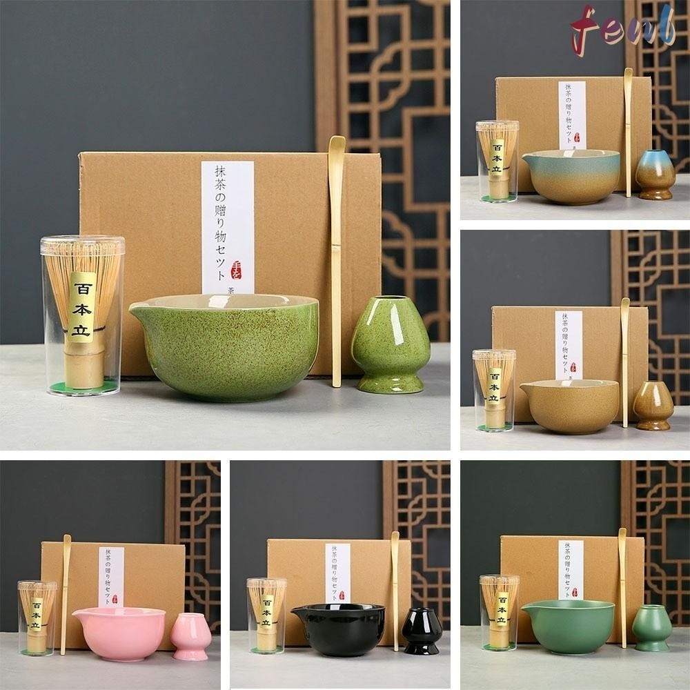FENL 4 Piece Matcha Whisk Set Bamboo Ceramic Reusable Japanese Matcha Bowl Set Matcha Bowl Matcha Wh