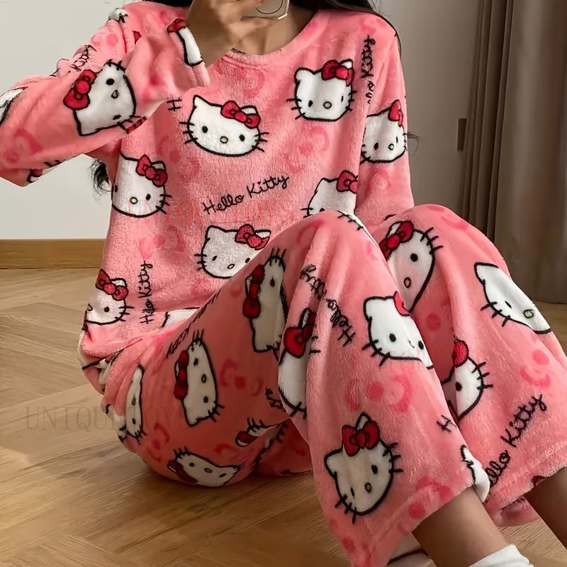 ชุดนอนคิตตี้ สำหรับผู้หญิง ลายการ์ตูนน่ารัก แขนยาว ใส่สบาย เหมาะสำหรับเป็นของขวัญ