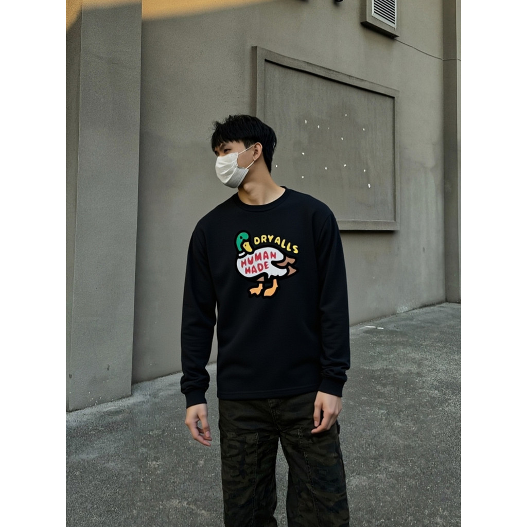 เสื้อยืดแขนยาว HUMAN MA แบบญี่ปุ่น พิมพ์ลายบนอก ทำจากผ้าฝ้าย 100% เหมาะสำหรับทั้งชายและหญิง