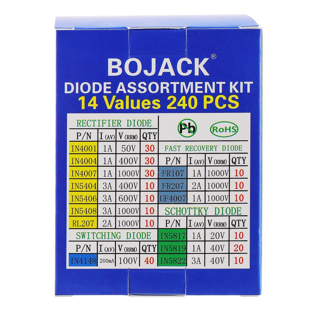 BOJACK 14 ค่า 240 ชิ้นไดโอด Assortment Kit บรรจุ Rectifier/Fast Recovery/Schottky/Switching Diode 1N