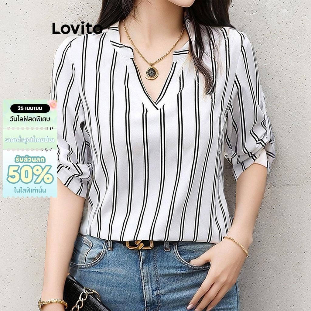 Lovito เสื้อลําลองเสื้อฤดูใบไม้ผลิและฤดูร้อนพื้นฐานลายทางสําหรับผู้หญิง LBL09255