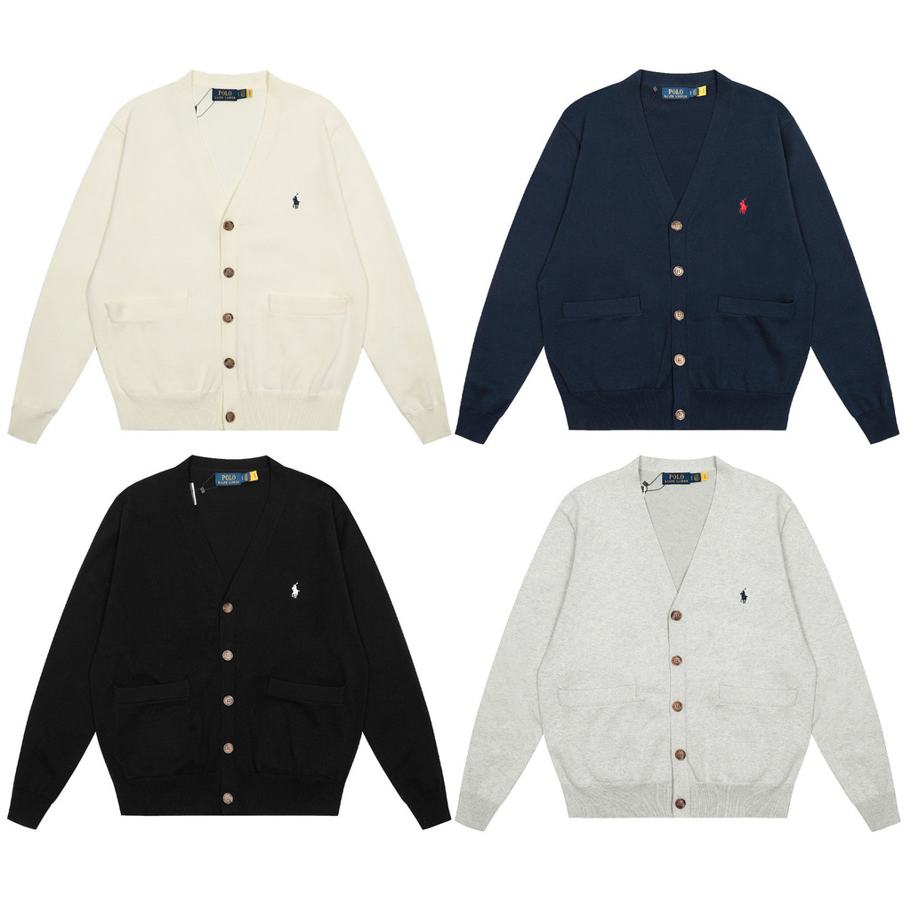 Street Wear Love RL 25 ฤดูใบไม้ร่วงฤดูหนาวคลาสสิก V คอสีทึบ Pony ปักโลโก้ธรรมดาสานถัก Basic คาร์ดิแก