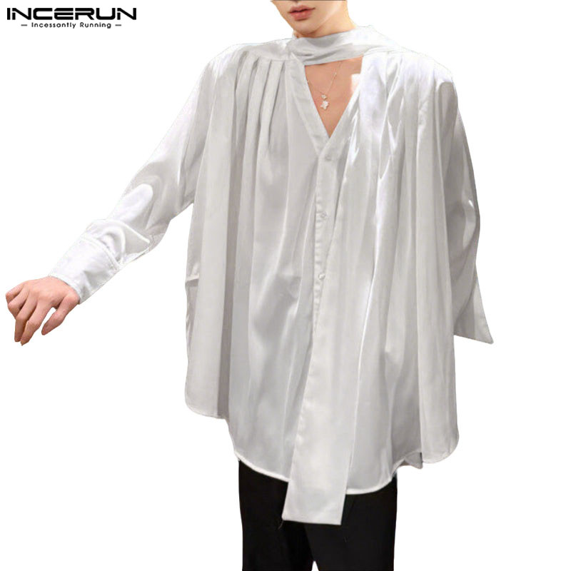 INCERUN เสื้อผู้ชายสไตล์เกาหลี ดีไซน์หรูหรา กะทัดรัดด้วยริบบิ้นและ pleats