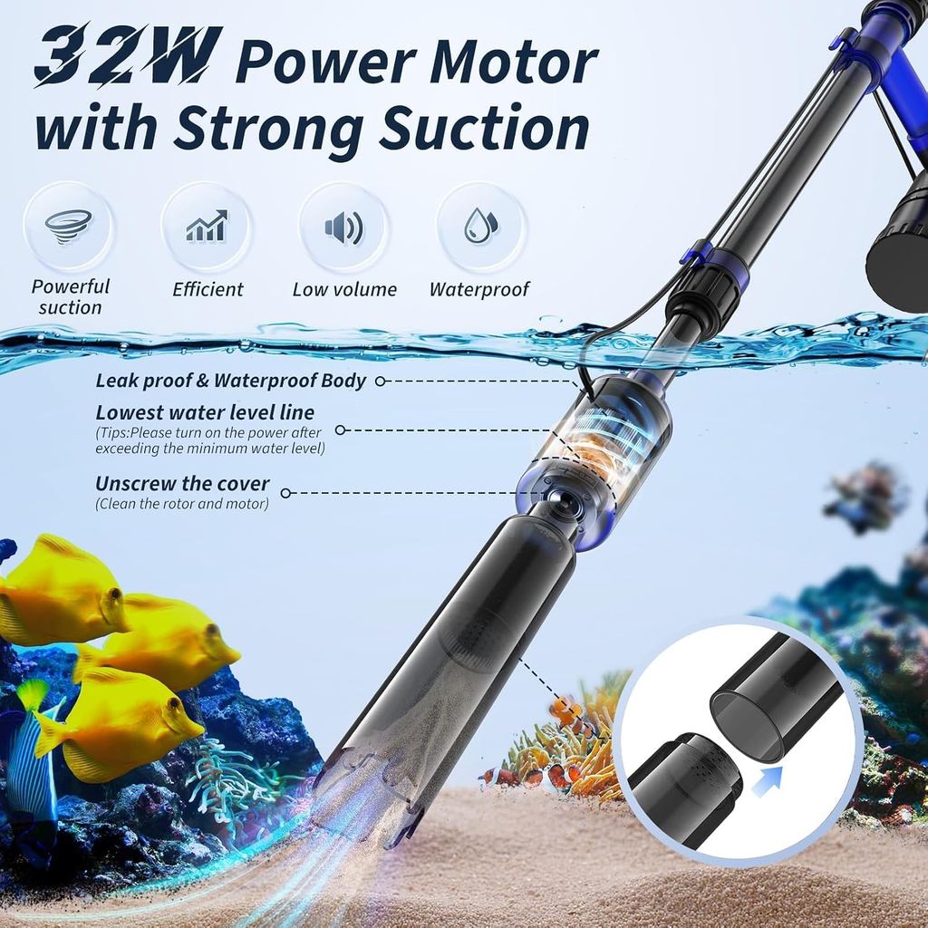 Fish Tank Cleaner - Aquarium Gravel Cleaner, 530GPH/32W Electric Fish Tank Cleaning Tools, Adjustabl