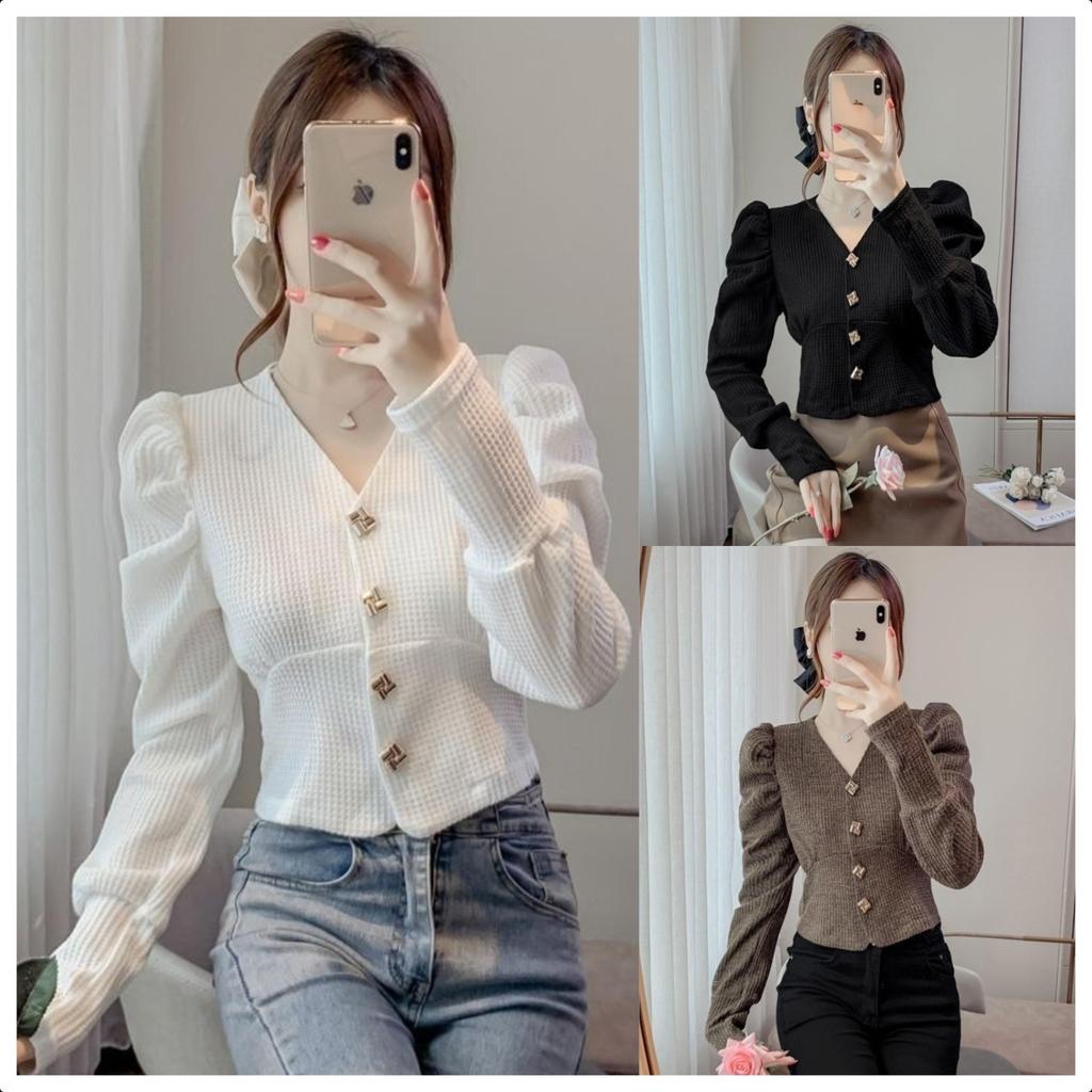 Chili Koko เสื้อถักคอวีแขนพองสไตล์ย้อนยุคฝรั่งเศสสำหรับผู้หญิง เสื้อคาร์ดิแกนแขนยาวเข้ารูปเนื้อวาฟเฟิล 99255