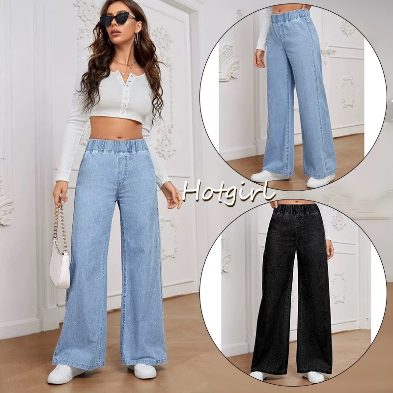Hotgirl พร้อมส่ง กางเกงยีนส์ทรงตรงลำลองสำหรับผู้หญิง S-XL สีดำและสีน้ำเงิน เอวยางยืด หลวมสบายและมีสไตล์