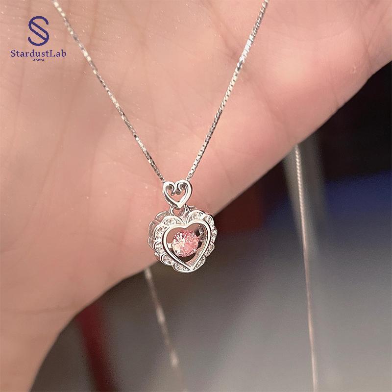 StardustLab แฟชั่นเกาหลี Vintage Hollow สีชมพู Zircon Heart จี้คอสร้อยคอสําหรับผู้หญิงเครื่องประดับง