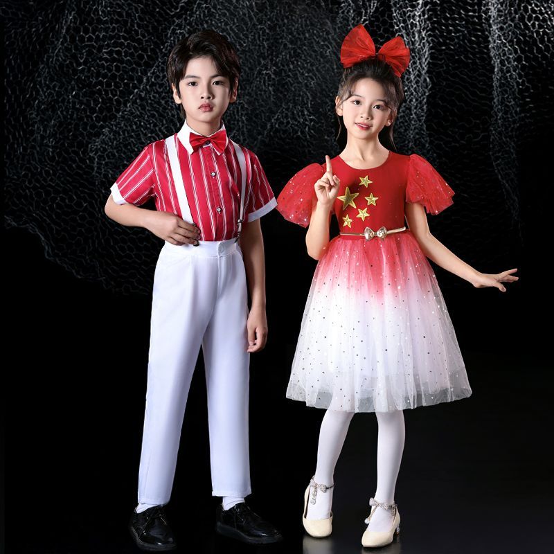 ชุดการแสดงสําหรับเด็กกระโปรงผ้ากอซพองนักเรียนชั้นประถมศึกษาเพลงสีแดงการแข่งขันนักร้องชุดการแสดงการหม
