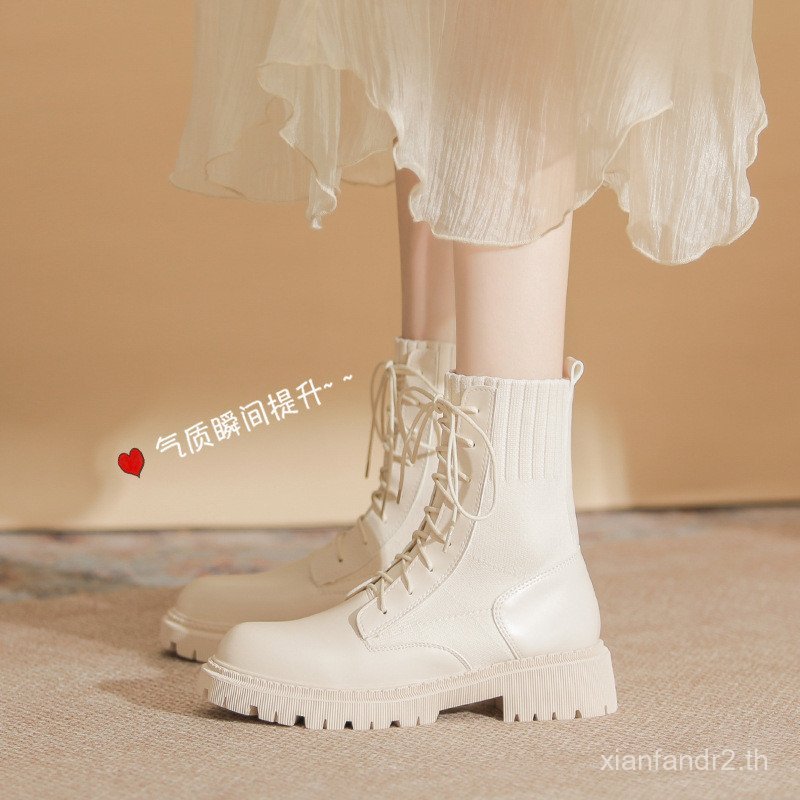 Gomini 2023 ฤดูใบไม้ร่วงฤดูหนาวสไตล์ใหม่ Martin รองเท้าผู้หญิงสีขาว Laced-Up สั้นหลอด Slimmer ดูหนา 