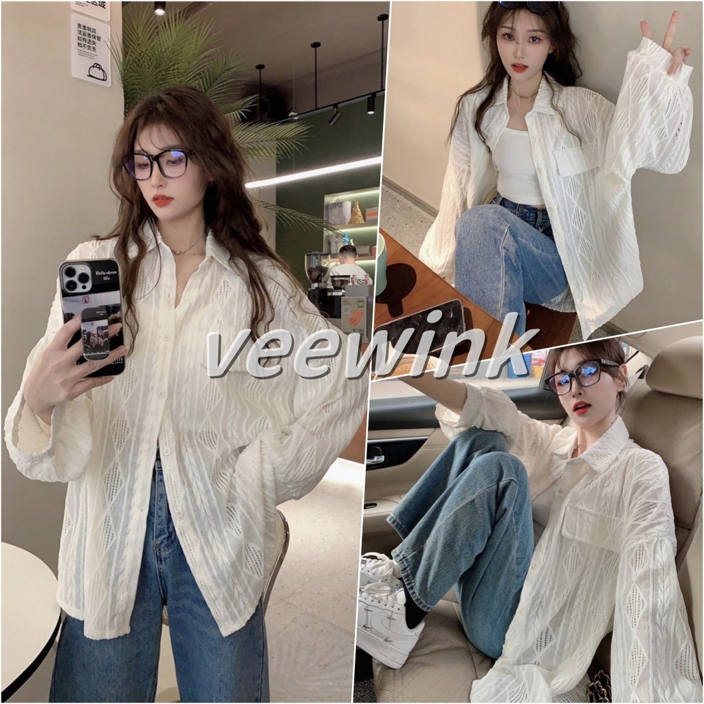 Veewink เสื้อเชิ้ตเกาหลี ลายลูกไม้โปร่งแสง เอวเข้ารูป เสื้อปัก คุณภาพสูง