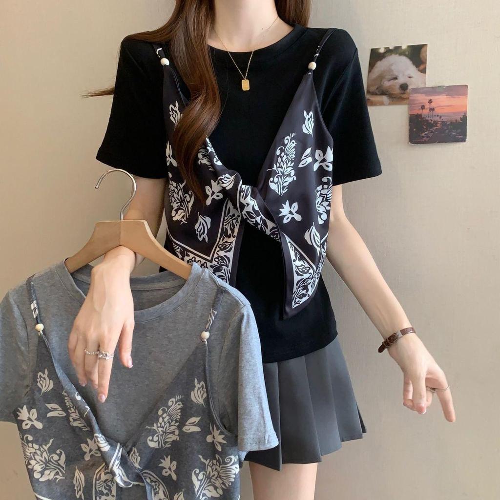 เสื้อยืดผู้หญิง ลายพิมพ์แพทช์ปลอมสองชิ้น แขนสั้น สไตล์แฟชันฤดูร้อน พร้อมไซส์บวก