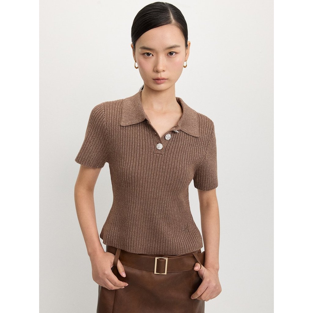 [Pomelo] เสื้อถักแต่งกระดุมพลอยเทียม / Rhinestone Button-Up Knit Top