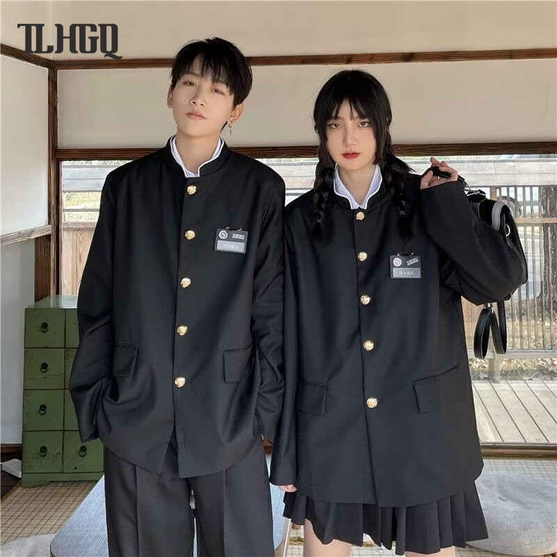 TLHGQ ชุดนักเรียนสไตล์ญี่ปุ่น สีดำคลาสสิกพร้อมปุ่มสีทอง สำหรับคู่รัก