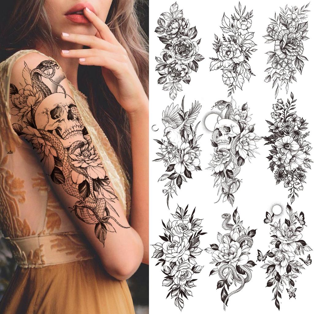 Skull Flower กันน้ําชั่วคราว Tattoo สําหรับผู้หญิง,Snake Bird Peony Tattoo สติกเกอร์,สีดําปลอม Bloss