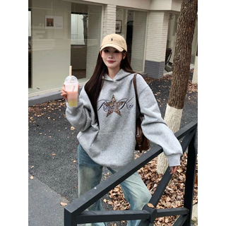 COD（จัดส่งภายใน 24 ชั่วโมง）BOOM เสื้อกันหนาว มีฮู้ด ดาวลายเสือดาว ทรงหลวม ขนาดใหญ่ แขนยาว สไตล์เกาหลี สำหรับผู้หญิง