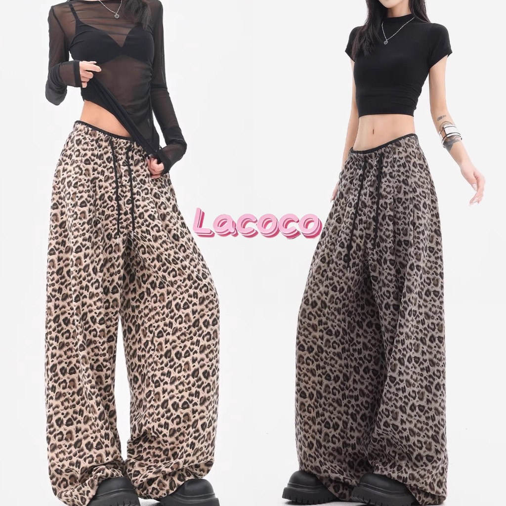 Lacoco🍓คลังสินค้าพร้อม🍓กางเกงขายาวสไตล์ย้อนยุคอเมริกันลายเสือดาวสีเข้มสำหรับผู้ชายและผู้หญิง ทรงยาวคลุมพื้น