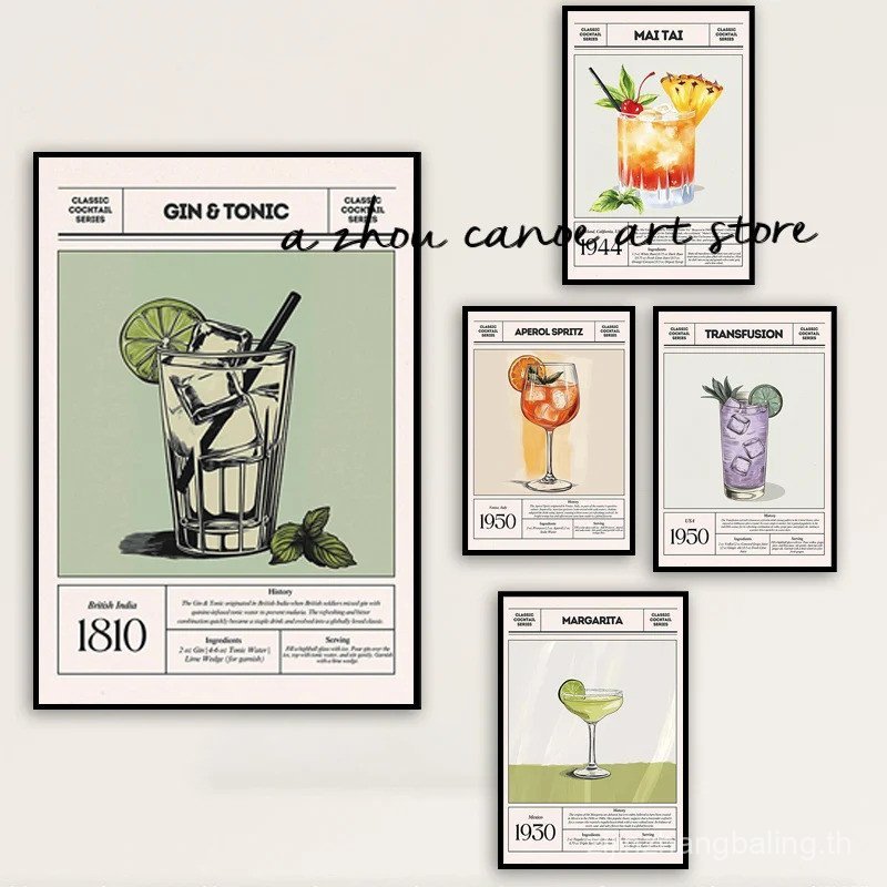 Old Fashioned Classic Vintage Bar Gin & Tonic Cocktail Series Art โปสเตอร์ผ้าใบภาพวาดภาพสําหรับตกแต่