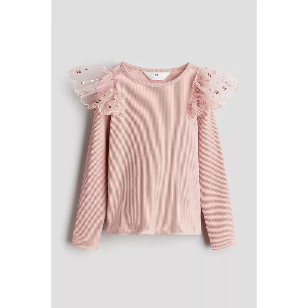 H&M(เอชแอนด์เอ็ม) เสื้อผ้าฝ้ายตกแต่งด้วยผ้าตาข่าย Girls Tulle-detail cotton top 1319457_1