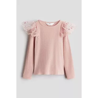 H&M(เอชแอนด์เอ็ม) เสื้อผ้าฝ้ายตกแต่งด้วยผ้าตาข่าย Girls Tulle-detail cotton top 1319457_1