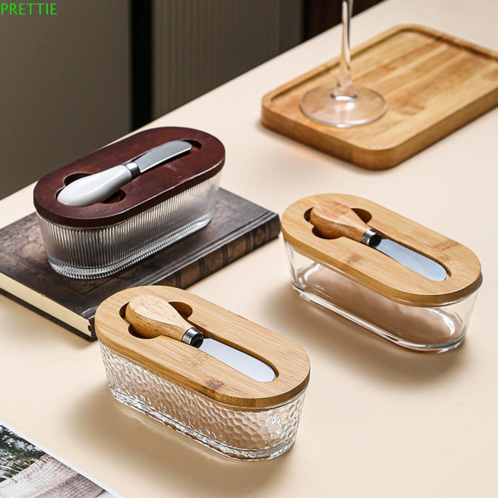 ภาชนะใส่เนย,กล่องเนยแก้วใสเก็บสด,ขวดเก็บชีสรูปไข่พร้อมฝาปิดและไม้พายถาดเนยที่มองเห็นได้อาหารกลางวัน