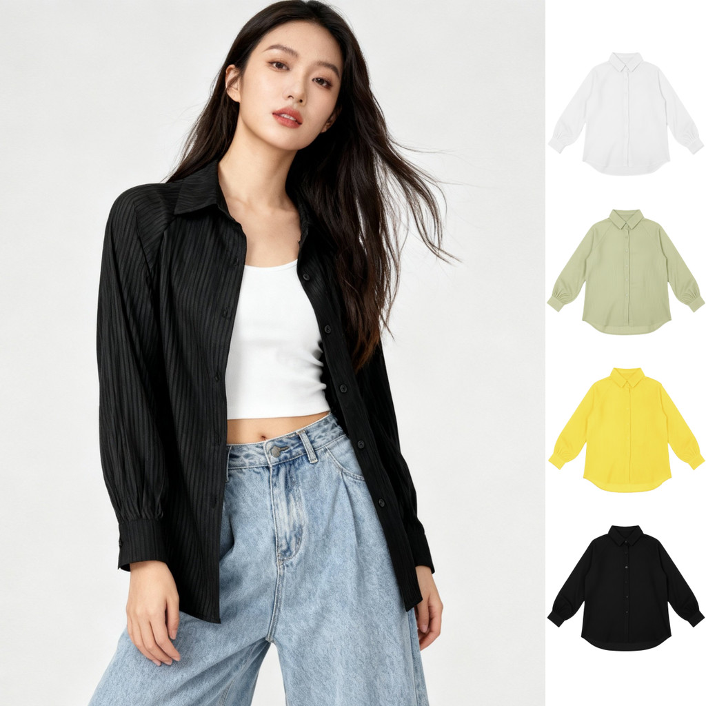 เสื้อเชิ้ตแขนยาวลายริ้ว รุ่นหน้าสั้นหลังยาว สไตล์เกาหลี เรียบง่าย ผ้าซาตินลื่น สำหรับสาวออฟฟิศ ผ้าดีใส่สบาย
