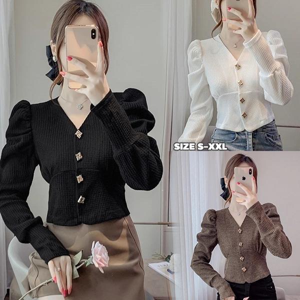 MIMI&DIDI#เสื้อเชิ้ตคอวีสีดำสำหรับผู้หญิง ดีไซน์ใหม่ไม่ซ้ำใคร แขนฟองเรียบหรูและทันสมัย ทรงสลิมฟิต วัสดุนุ่มสบาย#99255