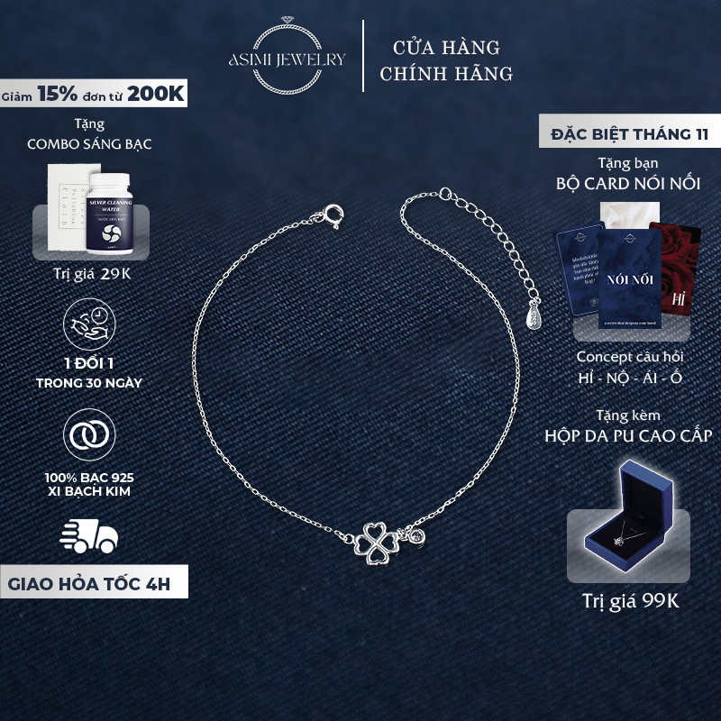 Asimi Four Leaf Clover S925 Silver Womens Anklet, Lucky Italian Silver Anklet Companion Everluck Clo